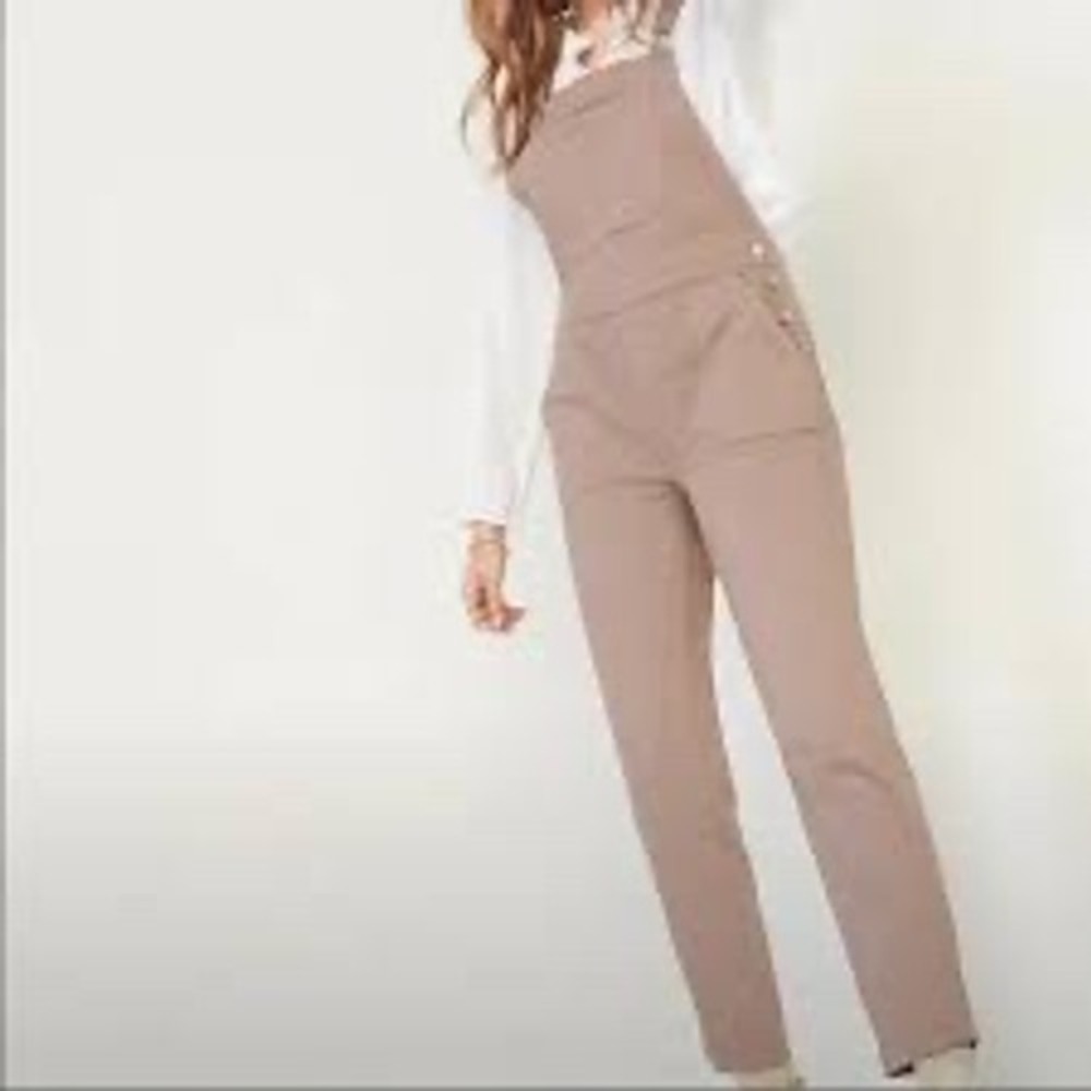 Old Navy Tan Khaki Denim Overalls Straight Leg 4 Tall‎ Neutral Utility Jumpsuit - Picture 2 of 9